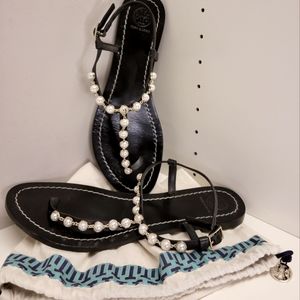 Tory Burch Emmy Thong Sandals with Pearl Accents Size 10 - Excellent Condition